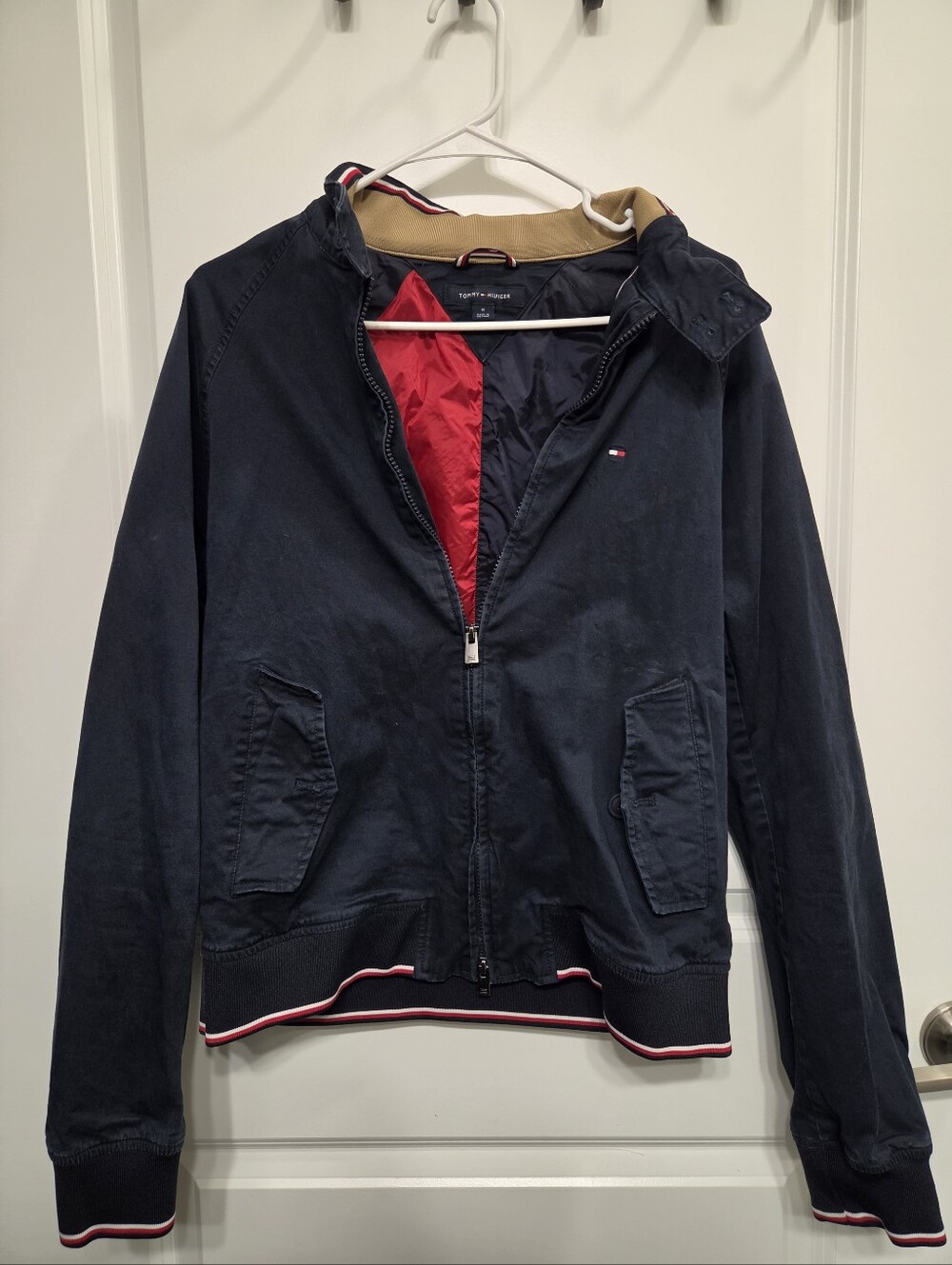 Tommy Hilfiger Men’s Navy Bomber Jacket with Red And Blue Lining